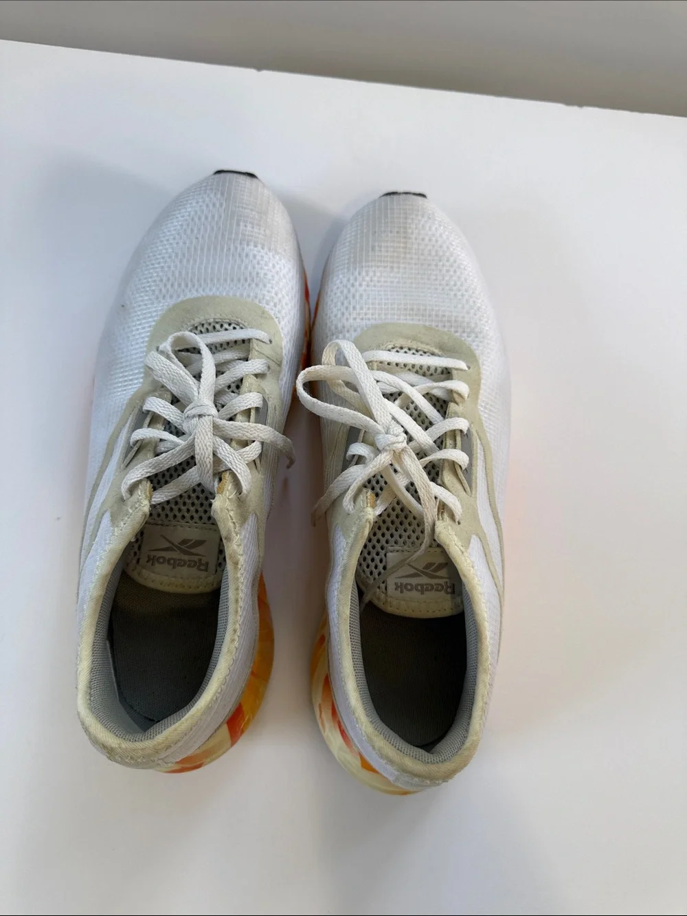 Reebok White Running Sneakers with Orange Yellow Marble Midsole